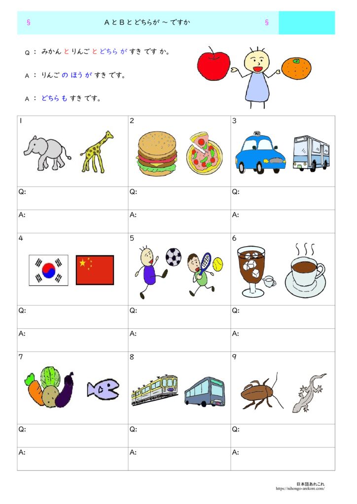 日本語文法の教材「比較のQ&Aの練習」の教材 | 日本語あれこれ